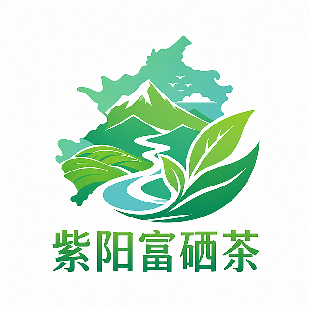优化调整这个扁平简约logo的配色，使用更协调美观的绿色渐变搭配清新自然的色调，保留所有原有元素：陕西紫阳地形图轮廓、扁平简约山川河流正负形设计、茶叶和"紫阳富硒茶"文字，让整体更具高级设计感和吸引力