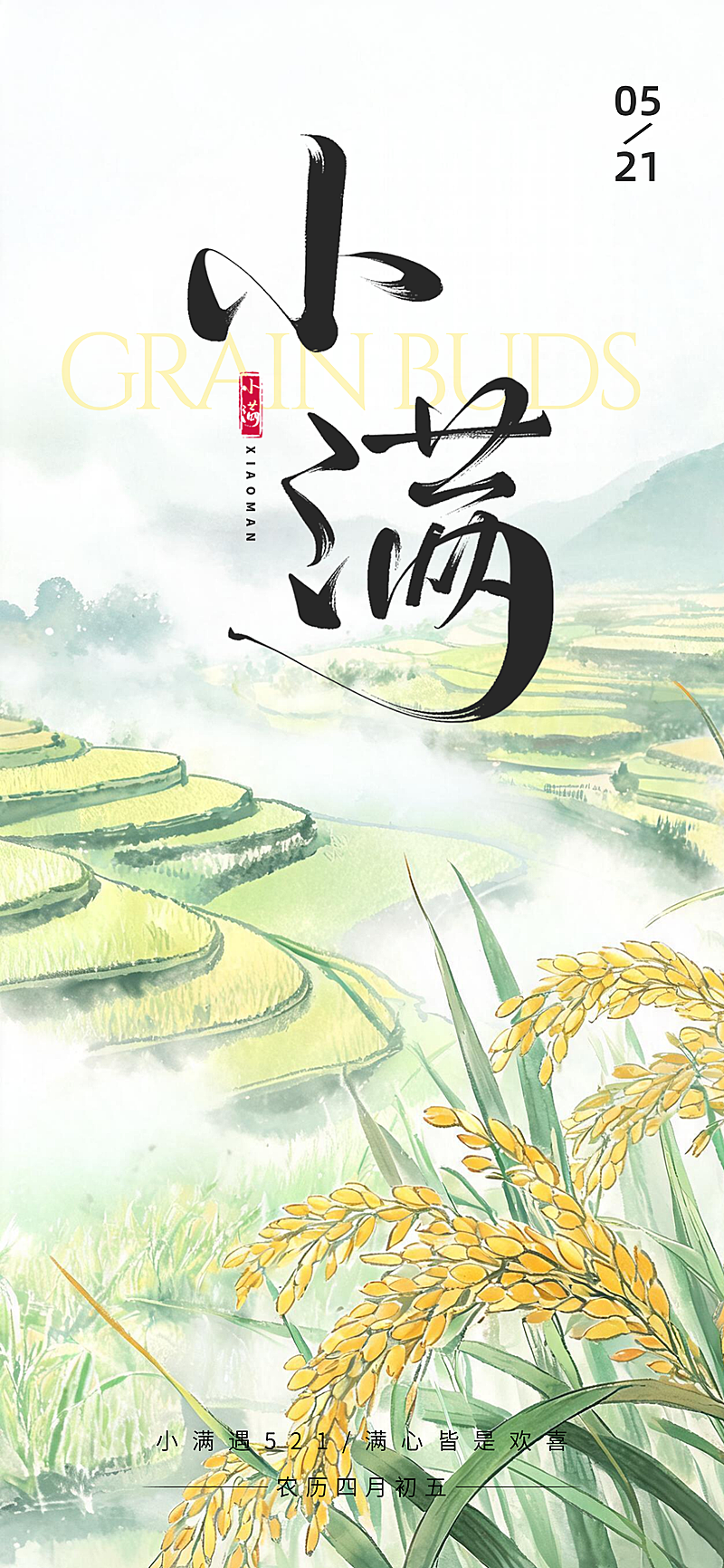 小满通用节气祝福节气插画线上渠道全屏竖版海报
