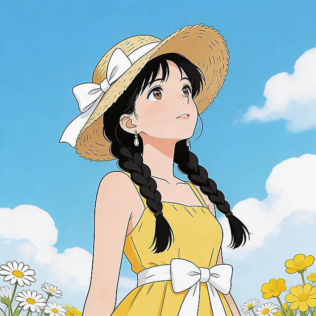 A young girl in a yellow dress, wearing a straw hat with a ribbon, long black braided hair, delicate earrings, looking up at the sky, clear blue sky with white fluffy clouds, white flowers and yellow flowers in the foreground or background, a large bow on her dress or hat, low-angle shot, medium shot, vector illustration style, clean lines, flat colors, stylized 2D art, vibrant and soft tones, no shading, anime-inspired vector art