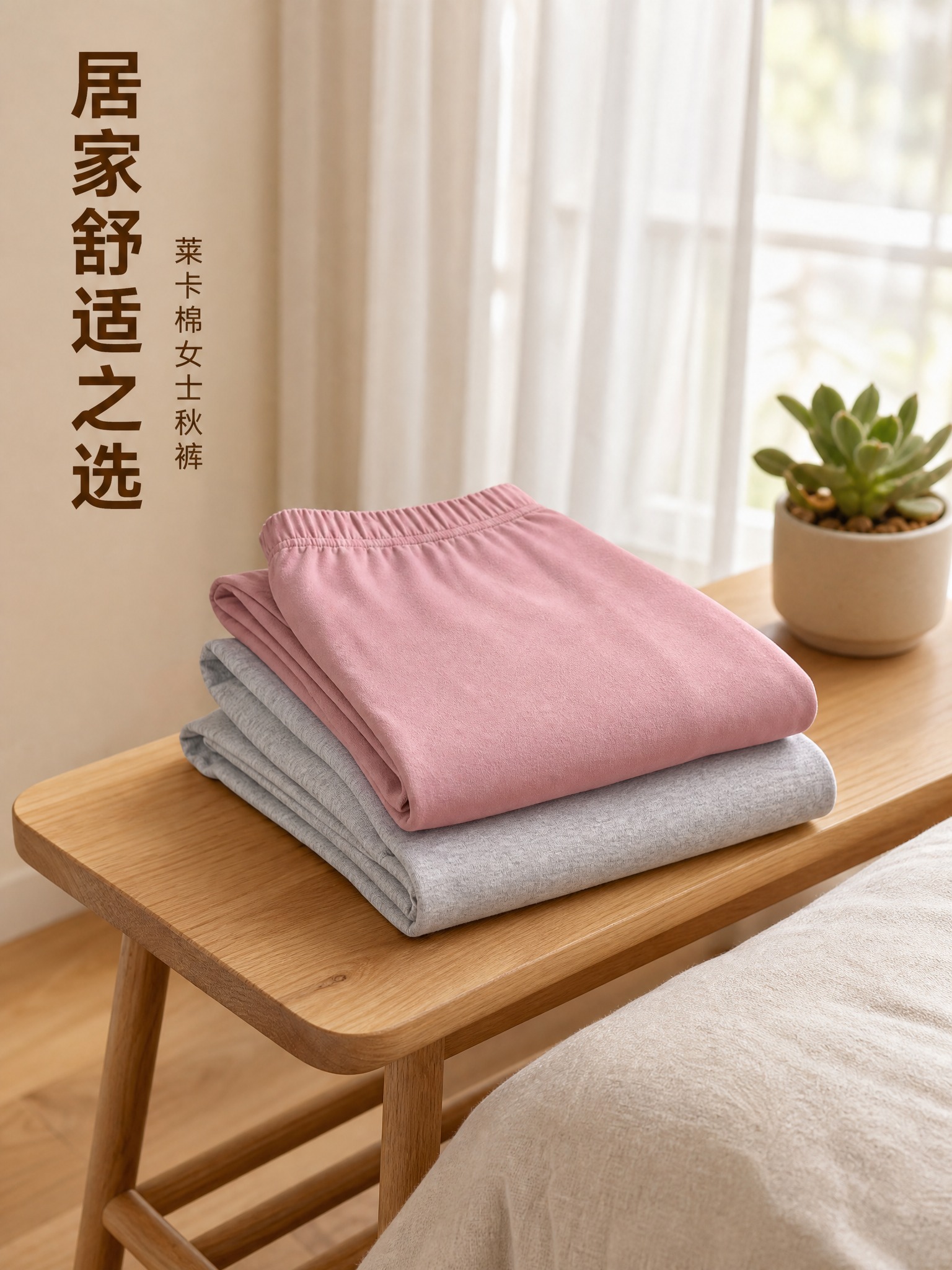 [主图-5] 女士莱卡棉秋裤 家居场景氛围展示图，突出日常穿着… - 图片创意预览