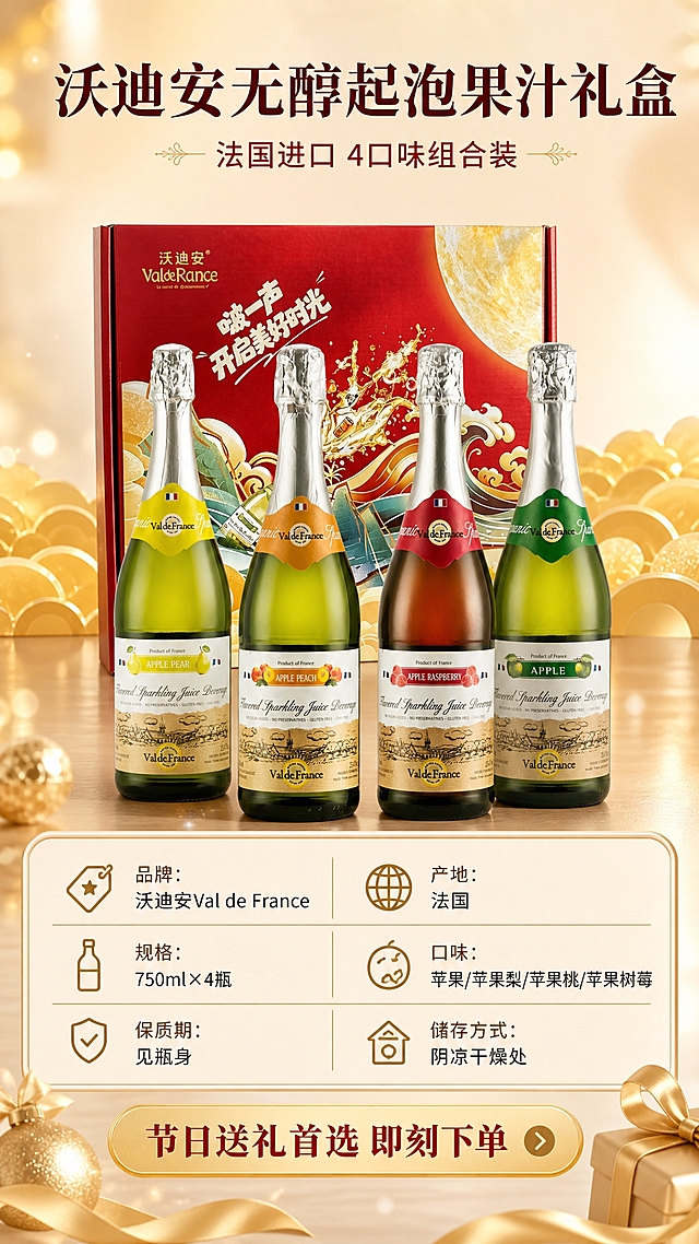 [商品] 使用【图6】礼盒正面图与【图3】【图4】【图5】【图7】4款单瓶；保留礼盒红色外观、国潮插画、"啵一声 开启美好时光"文字、品牌Logo，4款瓶身标签与颜色，结构比例均不变。
[画面] 目标：规格信息与收尾转化，展示产品参数与囤货礼赠引导。构图：上下分栏，上方40%放礼盒与4瓶组合陈列，下方60%放规格参数表与购买引导。主体上方：礼盒居中，4瓶在前方呈扇形排开，产品占画面40%。主体下方：清晰的规格信息表格，包含品名、规格、口味、产地、保质期等信息。背景：暖米金色渐变，底部有节日氛围装饰元素。
[视觉] 套系策略：风格=轻奢节日氛围感商业摄影；标题字=粗衬线宋体+轻描边；正文字=简洁无衬线中黑体；主色=中国红+暖金色；背景延展=暖米杏色渐变+金色光晕；强调色=香槟金，仅用于小面积图标、引线和标签；标题色=深酒红+金色渐变；正文色=深暖灰；组件=圆角浅金表格、细金线分隔、金色购买按钮；光影=顶部均匀柔光。
[文字] 上方主标题"沃迪安无醇起泡果汁礼盒"，副标题"法国进口 4口味组合装"。下方规格表："品牌：沃迪安Val de France"、"产地：法国"、"规格：750ml×4瓶"、"口味：苹果/苹果梨/苹果桃/苹果树莓"、"保质期：见瓶身"、"储存方式：阴凉干燥处"。底部金色按钮式文案"节日送礼首选 即刻下单"。所有文字横向排版，字号清晰手机可读。
[规格] 比例9:16竖版，分辨率2K，避免变形、错字、文字过小、产品颜色改变、参数虚构。