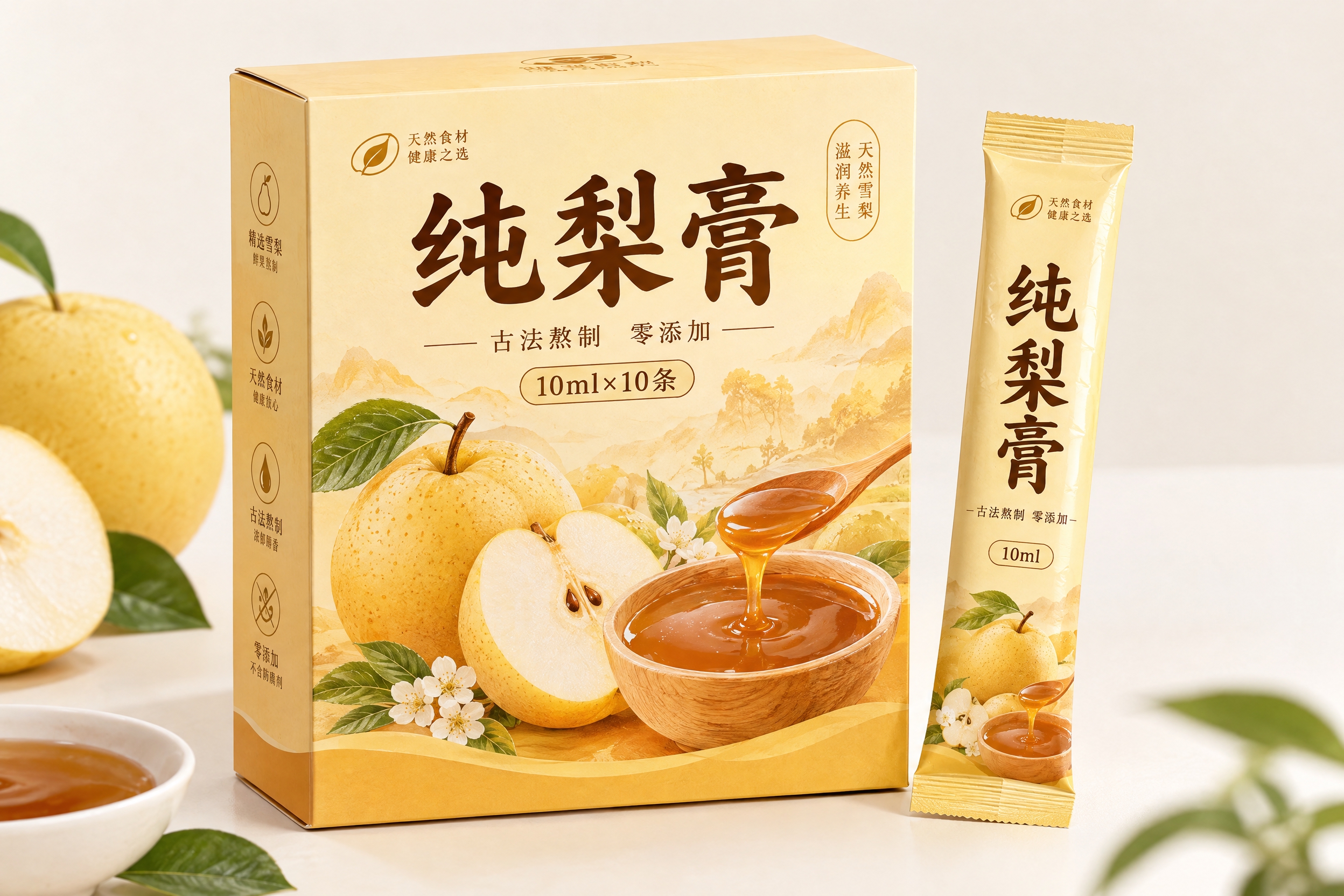 纯梨膏包装盒设计，规格10ml×10条，旁边放置一条独立条状包… - 图片创意预览