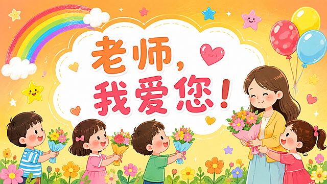 幼儿园教师节PPT封面，卡通手绘风格，色彩鲜艳明亮，画面中央有大大的标题文字'老师，我爱您！'，周围有可爱的小朋友们手捧鲜花送给老师，有彩虹、气球、小星星、爱心等装饰元素，背景是温暖的橙黄色渐变，充满童趣和温馨感，适合幼儿园大班孩子观看，画面简洁干净，留白充足方便排版