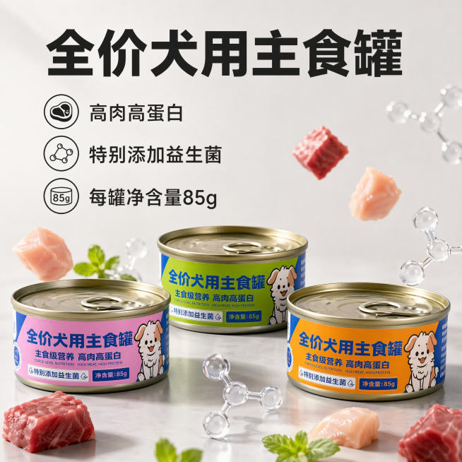 [主图-2] 全价犬用主食罐核心卖点展示图。[氛围风格] 清晰通透电商风格，突出产品营养优势。[画质] 商业摄影质感、光线柔和通透、产品清晰真实、画面干净高级，无违和失真。[元素] 画面中心展示3罐不预览效果