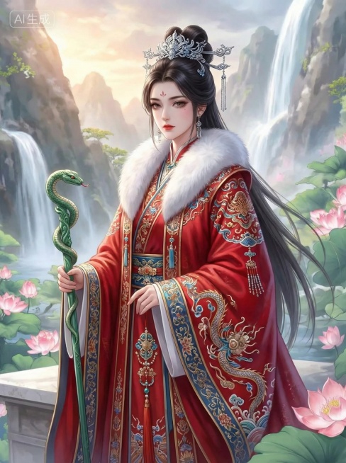 「图片1」类似画风的古装女子图，黑长发高束，头戴银饰头冠，身穿红底白毛领的华贵长袍，手持蛇形缠绕的绿色法杖，面容端庄威严，服饰融合中式传统纹样与民族元素预览效果