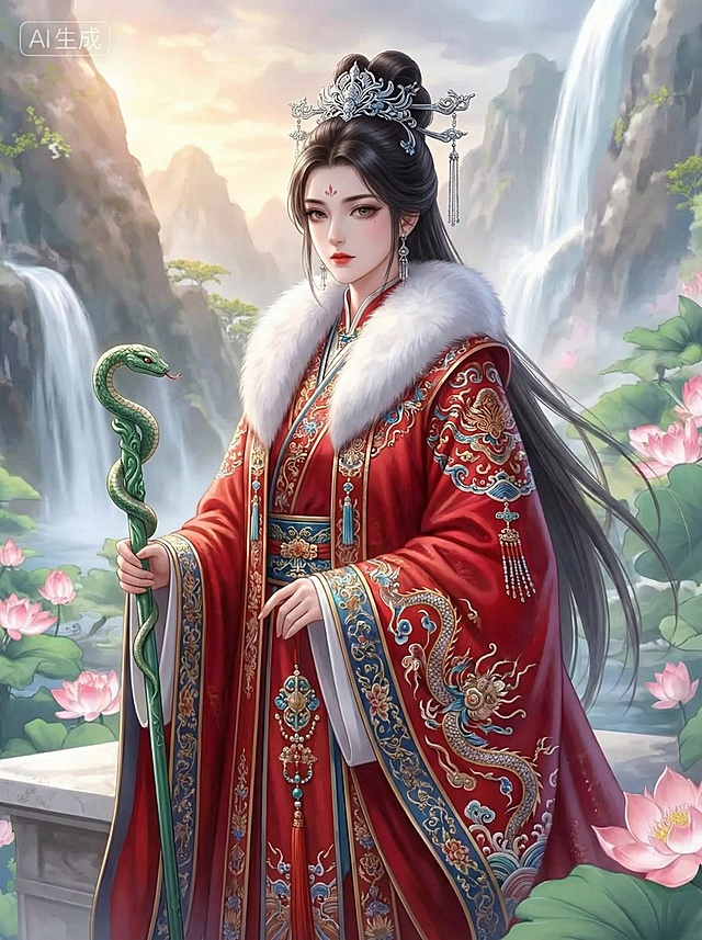 「图片1」类似画风的古装女子图，黑长发高束，头戴银饰头冠，身穿红底白毛领的华贵长袍，手持蛇形缠绕的绿色法杖，面容端庄威严，服饰融合中式传统纹样与民族元素