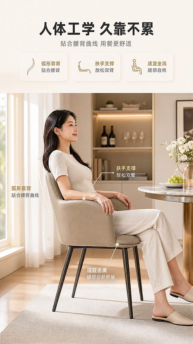 [商品] 使用【图1】DY-8805B卡其色西皮餐椅；保留产品整体结构、卡其色西皮面料、弧形靠背、扶手、碳素钢椅腿；产品自然融入场景，保持原貌。
[画面] 目标：真人体验页，展示人体工学坐靠舒适度。上文下景构图，顶部约1/4文案区，下方为餐厅场景真人坐靠使用态。一位亚洲年轻女性侧身坐在餐椅上，双手轻搭扶手，背部自然靠在靠背上，姿态放松自然，展示坐感舒适。产品占画面约50%。背景为现代餐厅，暖色调，自然光从窗户照入。
[视觉] 套系策略：风格=现代轻奢亮调家居商业摄影；标题字=现代无衬线粗体；正文字=简洁无衬线体；主色=米白+浅卡其；背景延展=基于米白卡其做深浅层级、同色渐变和细腻哑光质感；强调色=香槟金，仅用于小面积图标、引线、标签和金属装饰；标题色=深炭灰；正文色=中暖灰；组件=圆角浅底信息卡、细线引线、香槟金icon；光影=左前侧暖柔自然光，柔和阴影。
[文字] 顶部主标题"人体工学 久靠不累"，副标题"贴合腰背曲线 用餐更舒适"，3个体验卖点：「弧形靠背 贴合腰背」「扶手支撑 放松双臂」「适宜坐高 腿部自然」。配弧线标注靠背曲线，文字横向排版，不遮挡人物和产品主体。
[规格] 图片比例9:16竖版，4K，负向提示：避免变形、错字、文字过小、冷蓝背景、产品颜色改变、人物面部模糊、极限词。