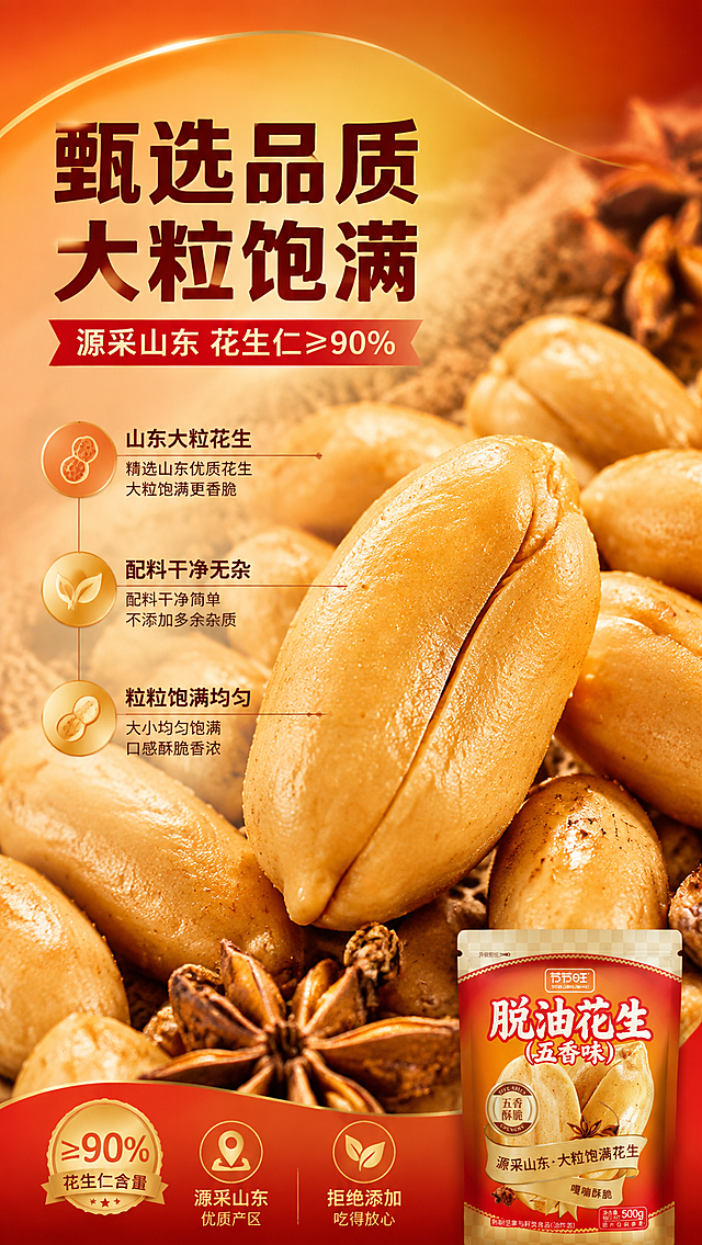 [商品] 使用【图3】【图10】节节旺脱油花生五香味；保留花生颗粒饱满形态、浅棕黄色泽、五香调味的香料点缀；包装袋仅作右下角辅助露出，保留品牌与品名。
[画面] 目标：成分/原料专张，突出山东大粒花生与高含量。构图：上方标题区+中部大颗粒花生满版特写+下方原料说明。主体占比：花生颗粒特写占画面60%以上，单颗花生尺寸≥画面30%，主视觉原料合计≥画面50%。景别：微距特写，能看清花生纹理与香料颗粒。前中后景：前景大颗粒花生，中景更多花生堆叠，后景麻布与桂皮虚化。
[视觉] 套系策略：风格=暖橙金食欲风商业摄影；标题字=粗黑体带轻微圆角；正文字=简洁无衬线体；主色=暖橙红；背景延展=基于暖橙红做深浅渐变、同色系光晕与细腻颗粒质感；强调色=金黄，仅用于小面积图标、引线和标签高光；标题色=深棕红；正文色=暖深棕；组件=圆角信息卡、细线引线、圆形徽章；光影=左前侧暖柔光，产品右侧带柔和轮廓光。
[文字] 主标题：甄选品质 大粒饱满；副标题：源采山东 花生仁≥90%；3个信息点：山东大粒花生 / 配料干净无杂 / 粒粒饱满均匀；文字位于画面上方与左侧，用引线指向花生颗粒，不遮挡主体。
[规格] 淘宝/天猫详情页单屏9:16竖版，4K分辨率，负向提示：避免变形、错字、文字过小、冷蓝背景、原料失真、极限词。