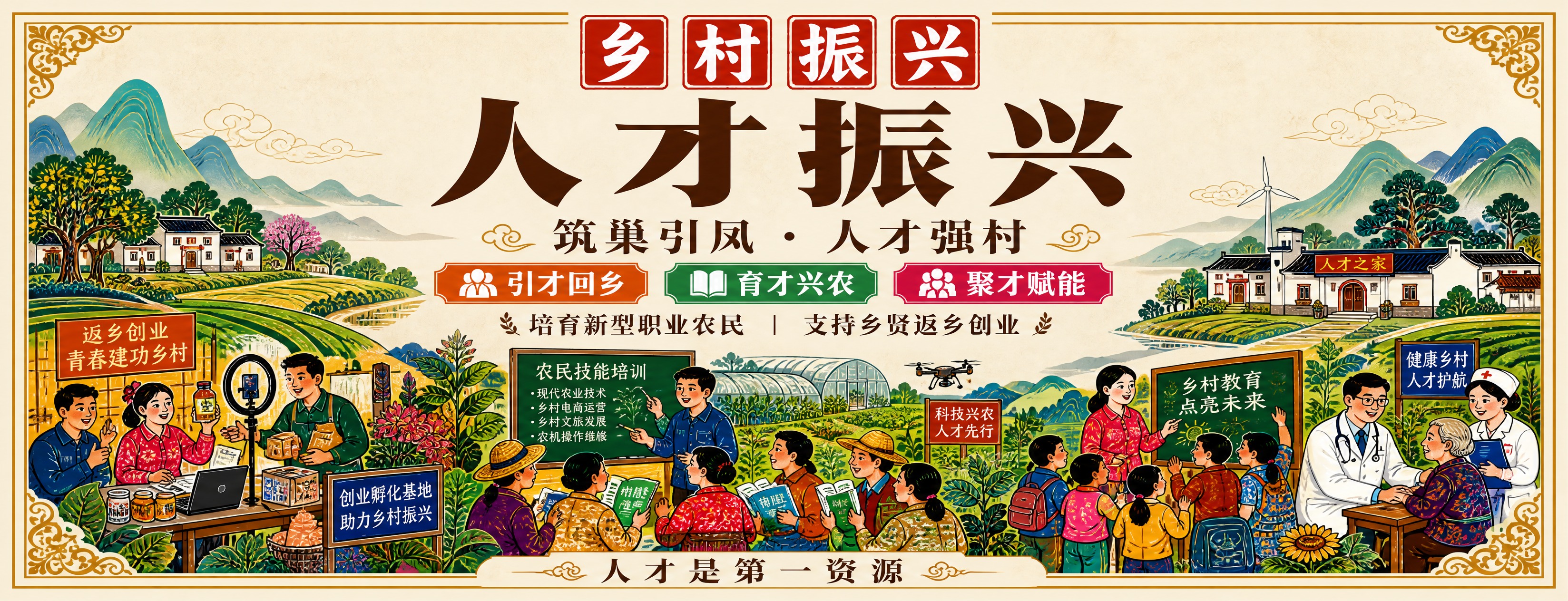 乡村振兴主题政务宣传展板，横版13:5比例，新中式政务宣传风格… - 图片创意预览