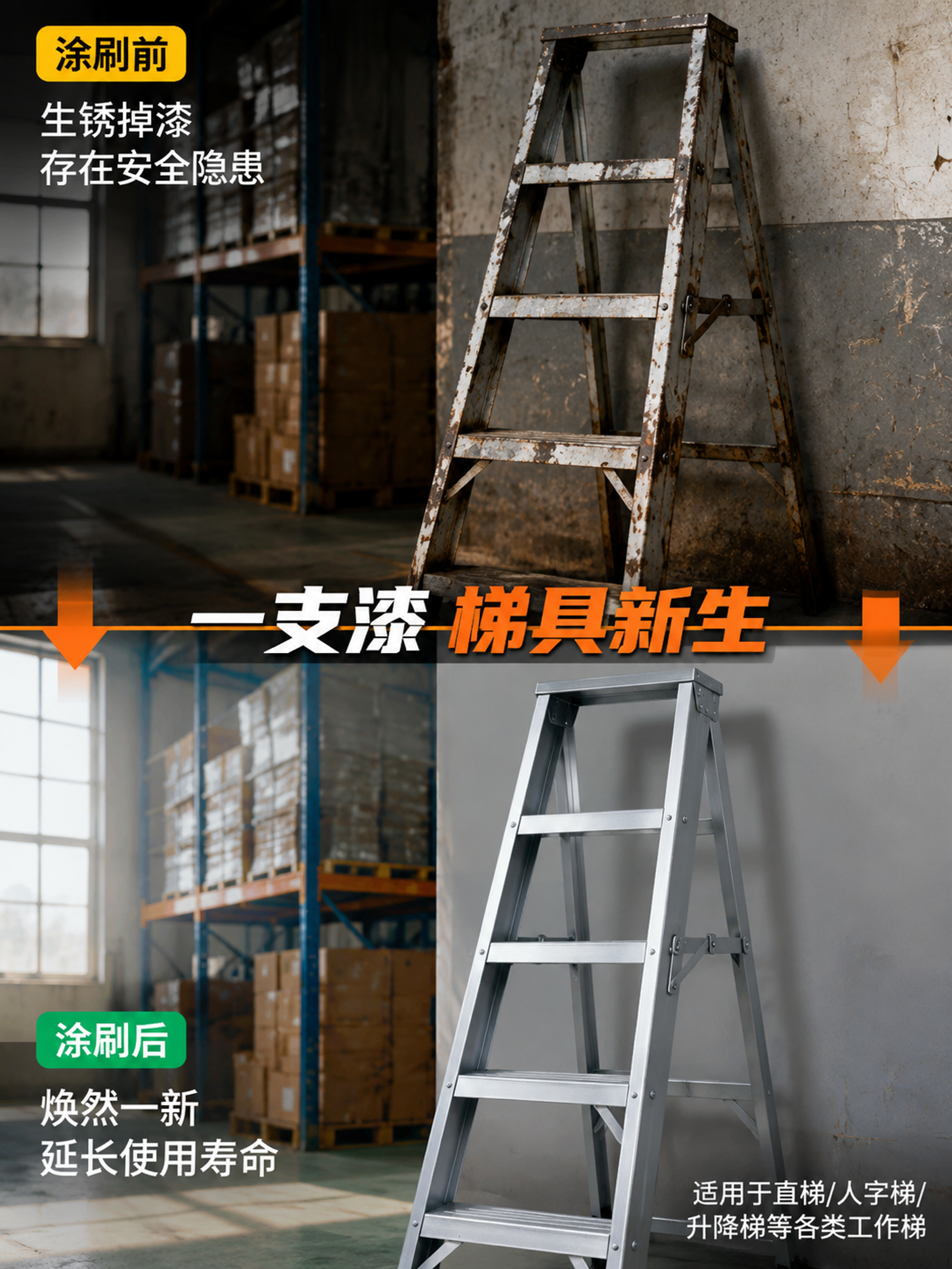 [第5张] 详情页适用场景-工作梯涂刷前后对比。 [氛围/风格… - 图片创意预览