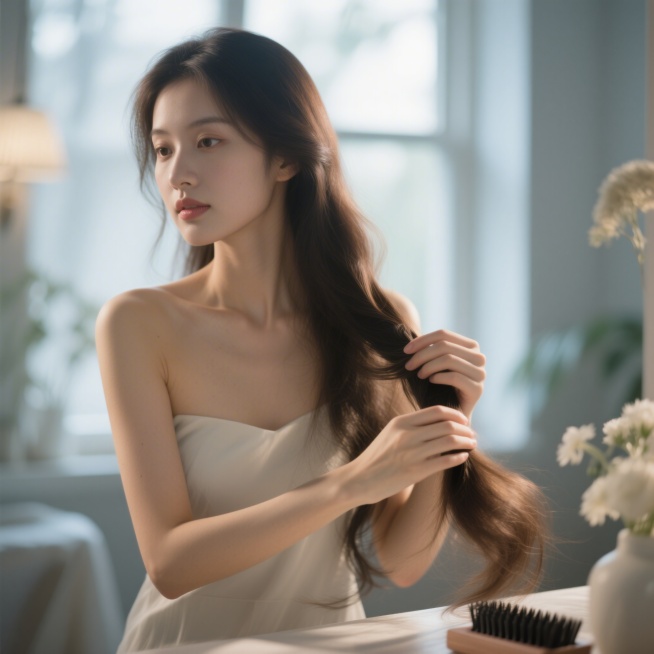 一位美女在护理头发，写实摄影风格，画面自然真实，光影柔和预览效果