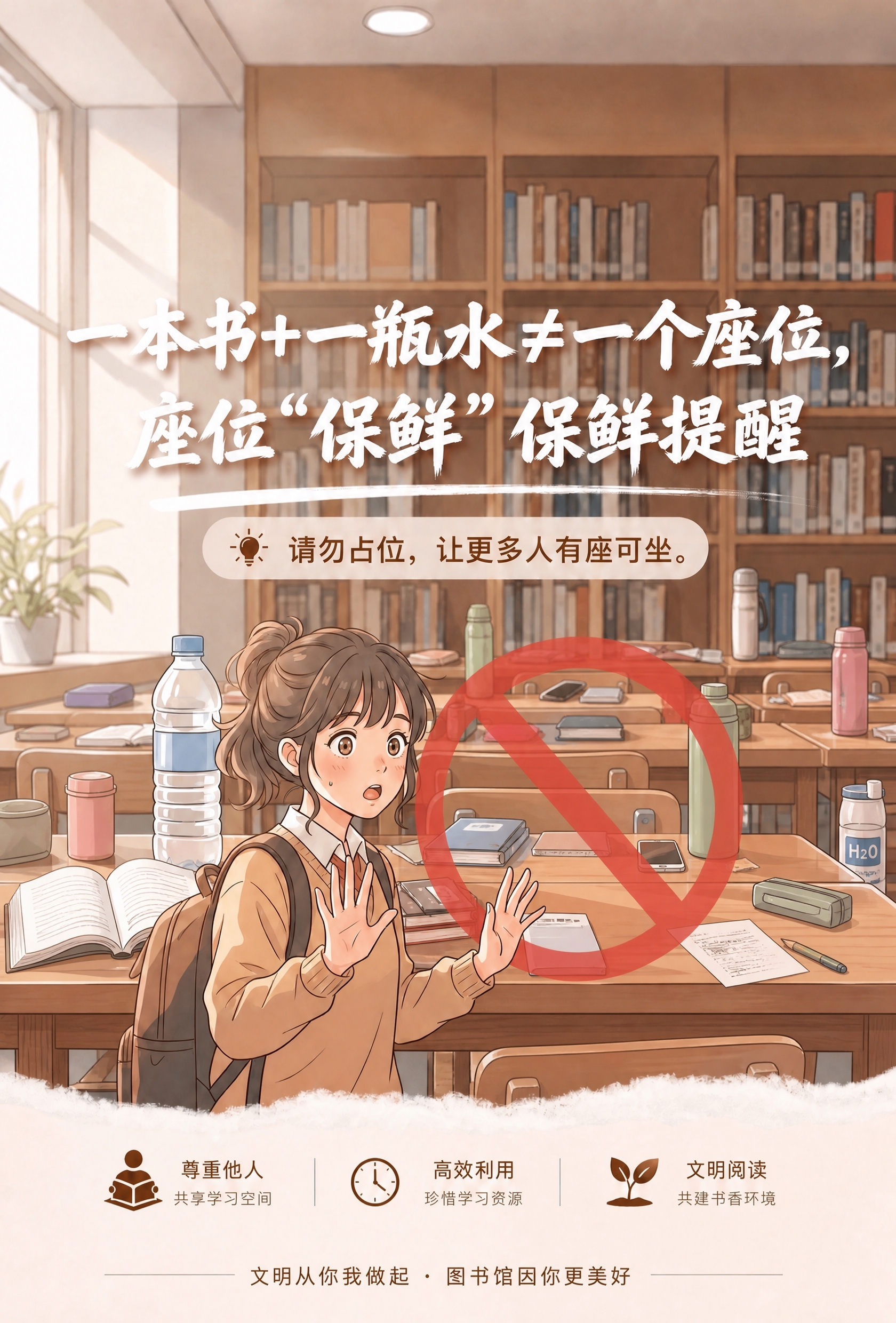在这张图书馆海报中，将背景里所有空着的自习桌子上都放上小物件，… - 图片创意预览
