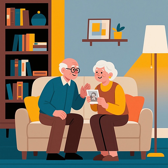 【关系经营】老伴有话耐心听，是陪伴也是尊重

当老伴反复讲述往事或琐事时，多一份耐心倾听。这不仅是情感的陪伴，更是对伴侣一生的尊重。用心听，适时回应，便是最长情的告白。
根据以上主题，出一个插画风图 图上不需要文字