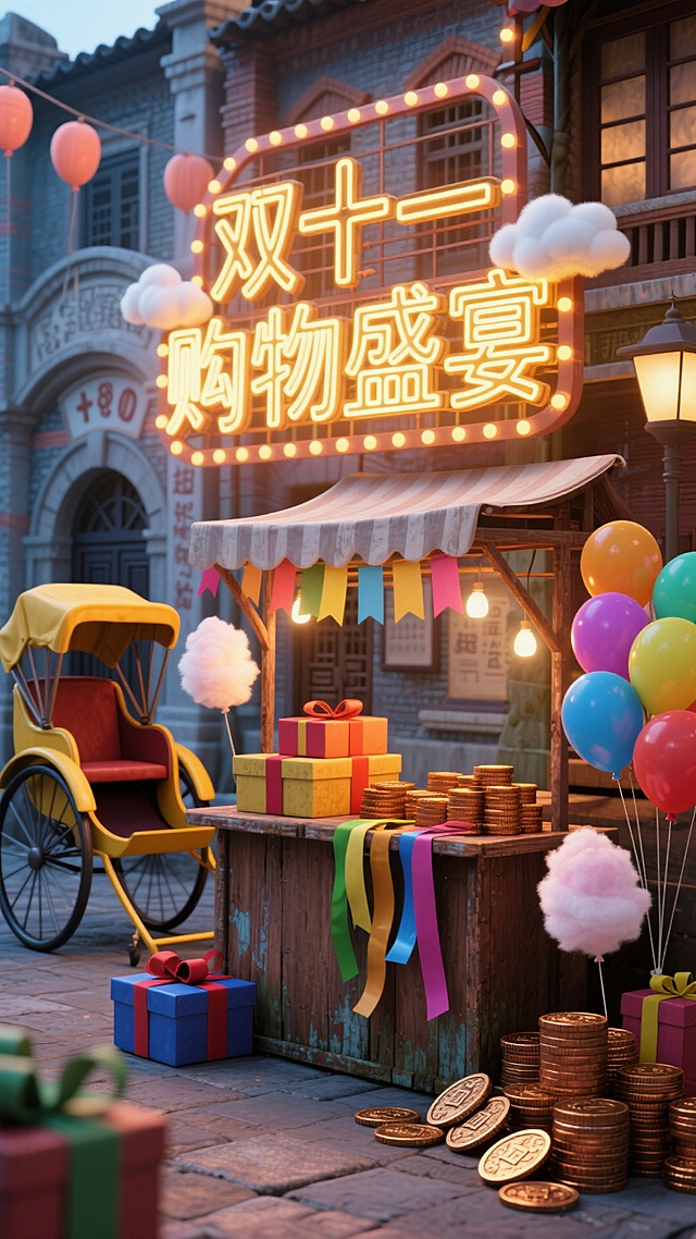 国潮风3D场景，复古中式街巷融合霓虹灯牌与重拟物设计，喜庆元素满溢，金属质感金币堆叠，塑料风气球与彩带点缀，营造双十一大促的热闹氛围。