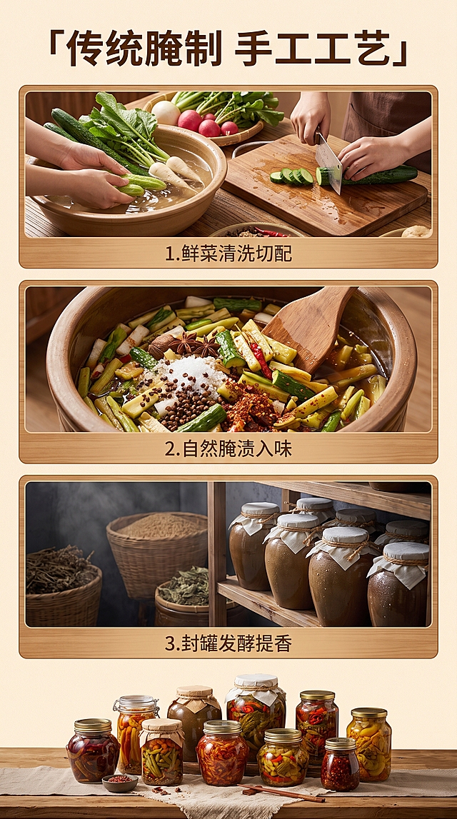 「图片1」，生成一套详情页，商品名称为无谷酱菜，适配淘宝/天猫平台，单图比例为9:16，需求屏数为8张。