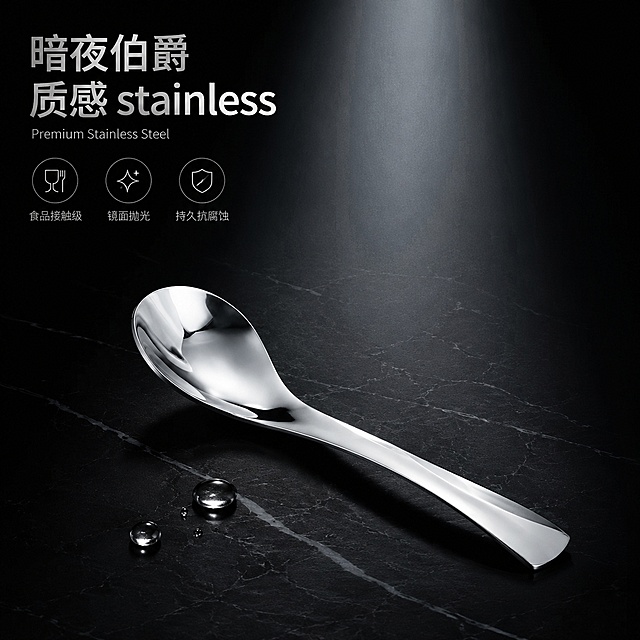 [单张主图] 商品名称为不锈钢伯爵勺，走高级氛围感主图路线，目标是凸显餐具的工业美学与高端质感，吸引淘宝天猫高端用户。
[画面主体] 斜放在黑色大理石台面上的不锈钢伯爵勺，保持产品外观、形状、材质与输入产品图绝对一致，勺子表面呈现极致的镜面抛光效果，清晰倒映周围光影，亮银色金属质感。勺子主体完整不裁切，占画面约45%，放置在画面中心偏下位置。旁边散落着两三滴晶莹剔透的水珠，水珠透亮反光，增加画面生动感。
[构图版式] 采用中轴诗意氛围型版式，产品居中略偏下，左上负空间放置主标题，保留大面积纯黑背景留白，整体构图极简。
[场景元素] 纯黑色背景，带有极其微弱的自然岩石纹理细节，不抢主体；黑色大理石台面承托勺子，纹理细腻低调。一束冷白色聚光灯从正上方斜向打下来，精准照亮勺子主体。
[文案版式] 左上留白区域分行排版，主标题为"暗夜伯爵 质感 stainless"，大号加粗细无衬线字体，亮银色，主标题旁搭配一行小号浅灰色英文装饰"Premium Stainless Steel"，底部三个浅灰色线框图标卖点依次排列：食品接触级 镜面抛光 持久抗腐蚀，每个图标搭配3字小字说明，整体克制不抢主体。文字均不遮挡产品主体。
[光影质感] 明暗对比强烈，冷白色聚光为主光，精准勾勒勺子轮廓与金属反光；背景纯黑沉下去，突出主体；勺子表面镜面反光锐利清晰，水珠高光透亮，整体明暗层次分明，高级商业静物摄影质感，产品清晰真实，画面干净高级，精细化处理细节。
[配色字体] 主色调纯黑色，辅助色为亮银色，点缀水珠透明高光；字体选择细无衬线，主标题最大最粗，卖点小字纤细浅灰，字重对比清晰。
[比例分辨率] 1:1 比例，2k 分辨率，文字清晰可辨，画面超高清。
[负向提示词] 变形，文字错乱，产品图模糊，背景杂乱，水印，电商平台Logo，多余道具，遮挡主体，颜色偏差，结构错误