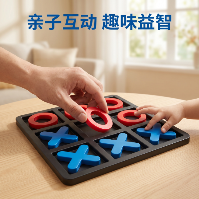 [主图-4] 人物使用场景展示主图
[氛围风格] 真实亲子互动使用场景，休闲生活化氛围
[画质] 商业摄影质感、光线柔和通透、产品清晰真实、画面干净高级
[元素] 桌面摆放井字棋产品，一双手正在放置红预览效果