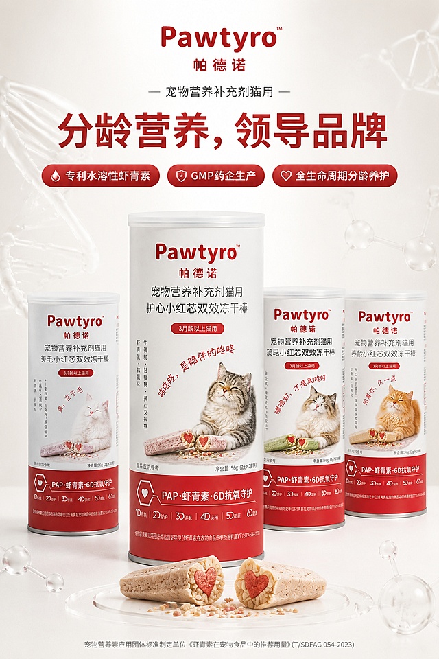 [第1屏] 天猫高端猫咪保健品详情页首屏KV海报，展示帕德诺Pawtyro小红芯全套4款双效冻干棒。本屏使用【图1】【图2】【图3】【图4】分别展示4款不同SKU商品，错落陈列摆放，C位突出护心小红芯。
[氛围/风格] 高端科研简约风，专业高级宠物保健品质感，商业摄影质感，干净通透，背景搭配淡分子线条装饰，浅渐变科技背景。
[元素布局] 4款圆罐错落分布在画面中，C位护心小红芯放大突出占比约35%，下方掰开的六边形红心冻干特写展示产品细节，顶部品牌区域，中部主 slogan，下方三个核心卖点标签；保留所有产品外观、罐身颜色、文字信息与上传图一致。
[光影质感] 顶部柔光均匀打亮，罐体下方保留柔和投影，产品轮廓清晰，冻干红心纹理细腻，整体明暗层次自然。
[配色色系] 全局底色 #f5f1eb（浅米白低饱和），主色帕德诺品牌红，辅助色浅灰分子线条，品牌红突出核心信息。
[视角构图] 正面平视视角，产品为绝对视觉中心，阅读动线从上到下，品牌 → slogan → 卖点标签。
[文字版式] 顶部品牌logo区，居中大字品牌 slogan「分龄营养，领导品牌」，下方三个红色圆角矩形卖点标签分别标注：专利水溶性虾青素、GMP药企生产、全生命周期分龄养护；主标题加粗品牌红，卖点文字白色清晰不遮挡产品，整体层级清晰。
[比例分辨率] 宽度1080px，高度1620px，2:3竖版比例，8K高清分辨率，文字清晰可辨，商用级画质。
[负向提示词] 产品变形，缺件错件，颜色偏差，包装文字错乱，文字过小，水印，多余杂物，文字错乱，背景杂乱