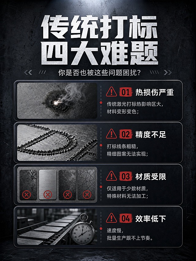 [商品] 本页为痛点页，不使用产品图。
[画面] 页面目标为直击传统打标方式的痛点，激发用户需求。上下结构，顶部大标题，下方4个痛点场景卡片纵向排列。每个痛点配对应场景小插图：左侧为问题示意，右侧为痛点文字说明。背景为深灰色工业风，带有做旧金属纹理。整体氛围偏压抑，突出问题感。
[视觉] 套系策略：风格=工业科技商业摄影风；标题字=粗黑无衬线科技字体；正文字=简洁无衬线体；主色=深蓝+银灰；背景延展=深灰色金属质感背景，带划痕纹理和暗角；强调色=警示红，仅用于痛点图标和标签；标题色=白色；正文色=浅灰色；组件=深色圆角痛点卡片、红色警示图标、虚线引线；光影=顶光冷调，氛围压抑。
[文字] 顶部主标题"传统打标 四大难题"，副标题"你是否也被这些问题困扰？"。下方4个痛点：1."热损伤严重"—传统激光打标热影响区大，材料变形变色；2."精度不足"—打标线条粗糙，精细图案无法实现；3."材质受限"—仅适用于少数材质，特殊材料无法加工；4."效率低下"—速度慢，批量生产跟不上节奏。文字全部横向排版。
[规格] 图片比例3:4竖版，2K分辨率，避免出现产品图、错字、文字过小、暖色调、轻松氛围。