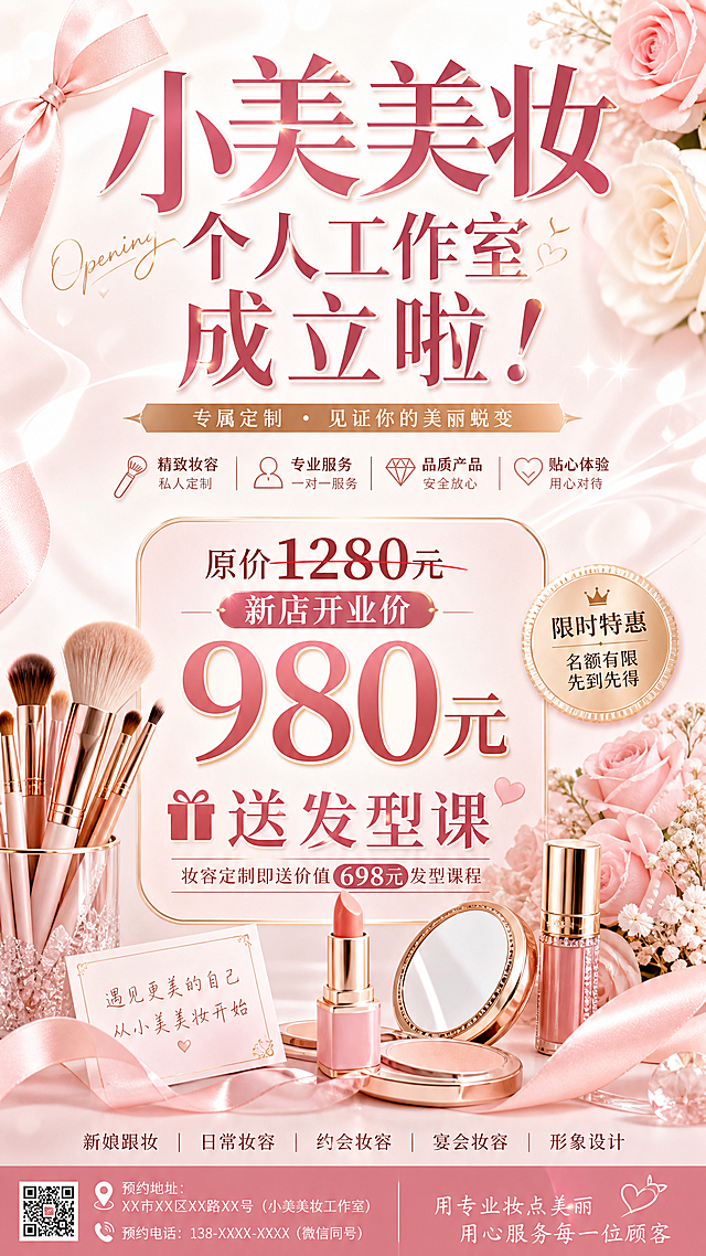 美妆工作室开业宣传图，醒目标题文字"小美美妆个人工作室成立啦！"，内容标注"原价1280元，新店开业价980元，送发型课"，温馨时尚风格，适合宣传推广