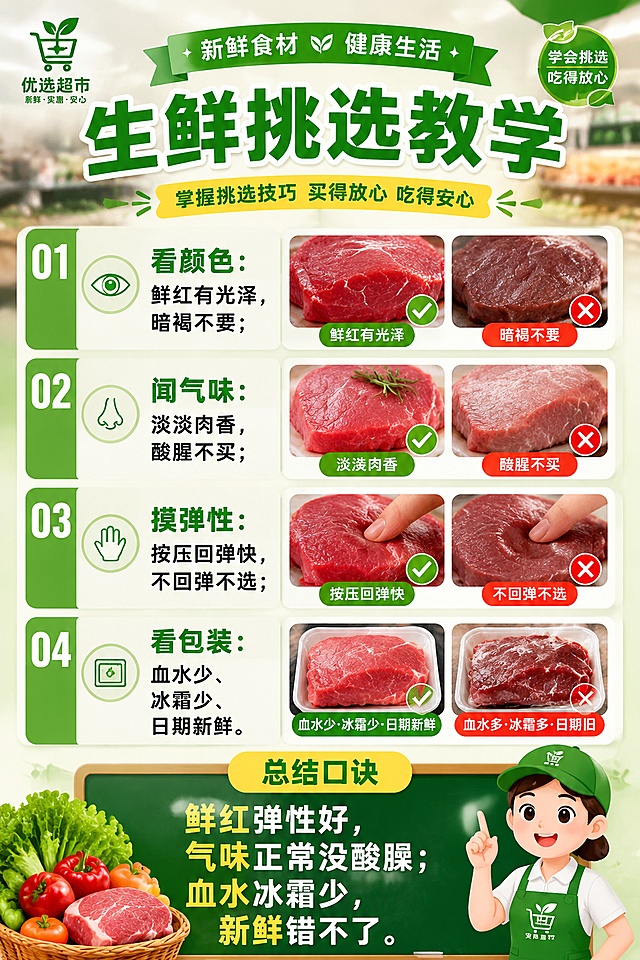 超市烹饪教学 宣传海报，生成图片根据我的文案，① 看颜色
鲜红有光泽，暗褐不要

② 闻气味
淡淡肉香，酸腥不买

③ 摸弹性
按压回弹快，不回弹不选

④ 看包装
血水少、冰霜少、日期新鲜

口诀
鲜红弹性好，气味正常没酸臊；
血水冰霜少，新鲜错不了。