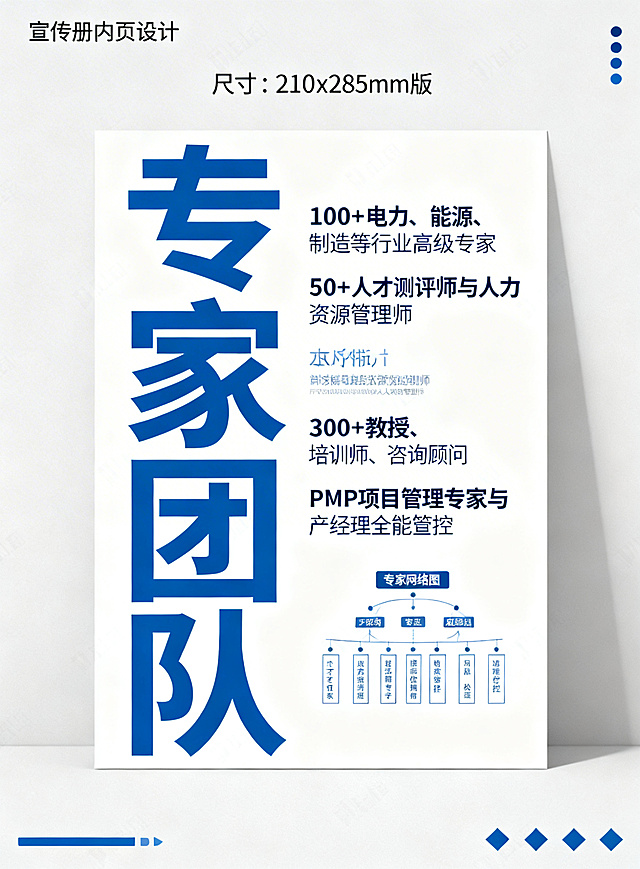 企业宣传册内页设计，尺寸210x285mm竖版，大标题专家团队，内容包括：100+电力、能源、制造等行业高级专家，50+人才测评师与人力资源管理师，300+教授、培训师、咨询顾问，PMP项目管理专家与产品经理全程管控，搭配专家网络图或组织结构图，简约商务蓝色排版，和整体风格统一