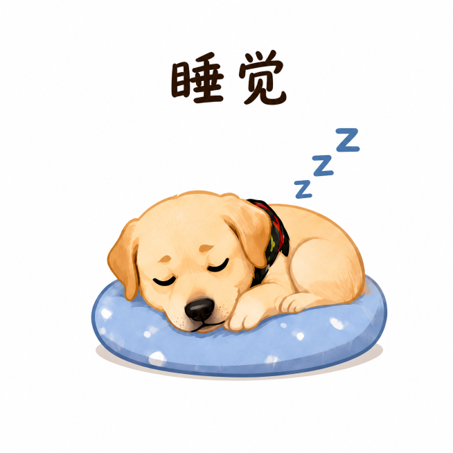 提取中间睡觉的拉布拉多小狗，保留标题文字'睡觉'和全部内容，背景为纯白色，裁剪成正方形预览效果