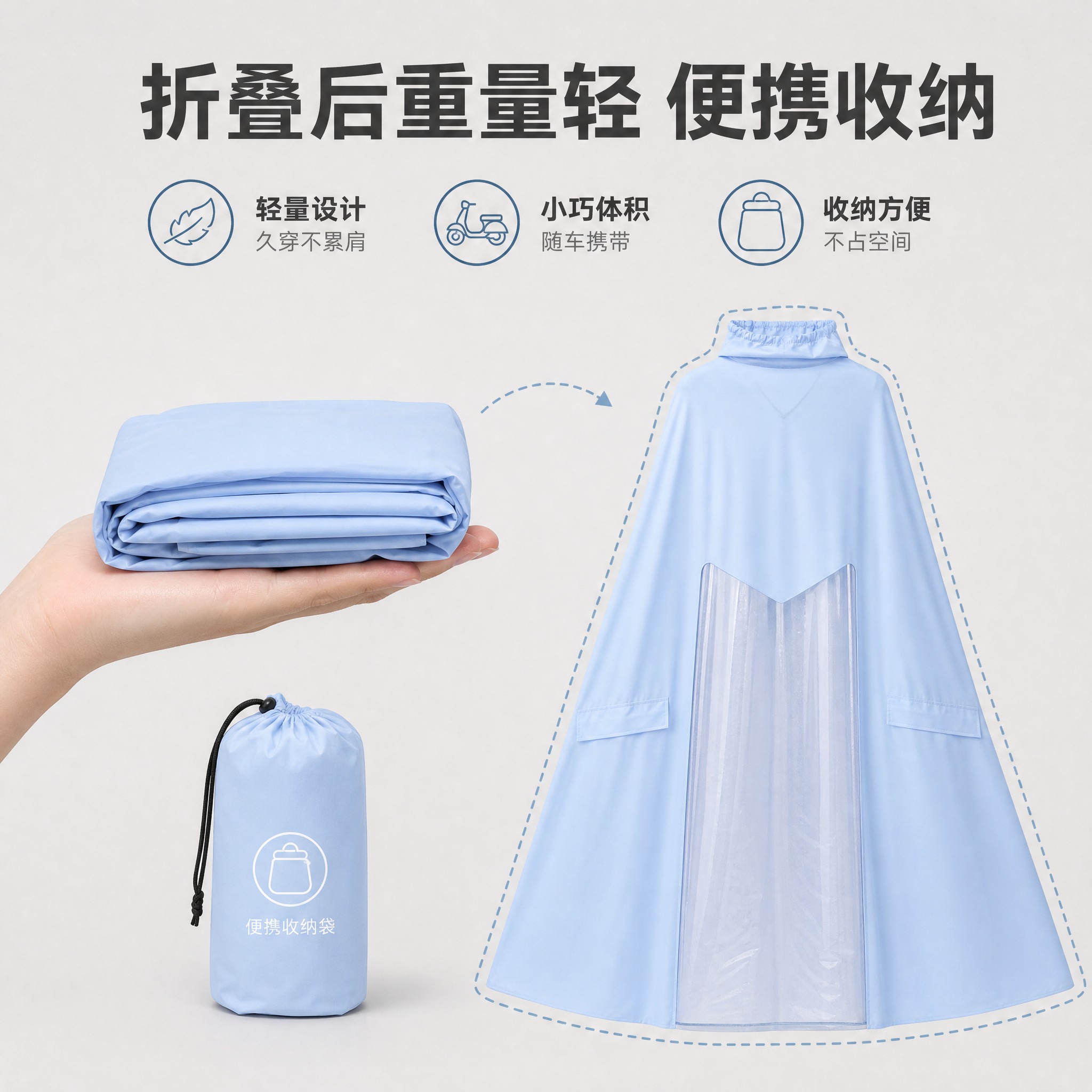 [主图-9] 电动车雨衣（带透明视窗加大遮脚款）折叠轻便收纳展… - 图片创意预览