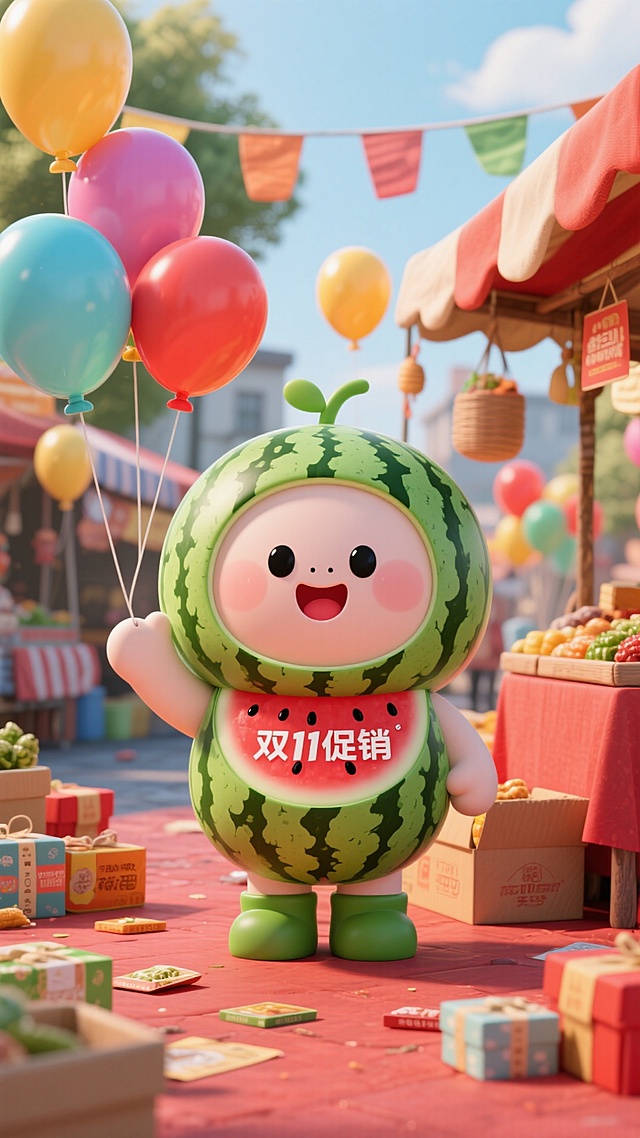 软3D风格的拟人化西瓜萌物，手持气球，身披“双11促销”字样，置身热闹市集，融合可爱、卡通与喜庆元素，传递节日促销氛围。
提示词：
主视觉为西瓜小人在热闹的户外市集摆摊，热情吆喝双 11 促销，摊位周围挂满彩色气球与 “双 11 促销” 的招牌，地面散落着包装好的农产品礼盒，整体是充满烟火气的暖红色调
。