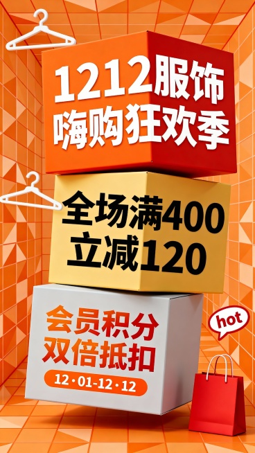 三组错落悬浮交叠的纯文字箱子：顶部橙红色模块配白色粗字 “1212 服饰嗨购狂欢季”，中间姜黄色模块配黑色粗字 “全场满 400 立减 120”，底部浅灰色模块配橙红色粗字 “会员积分双倍抵扣”+ 橙预览效果