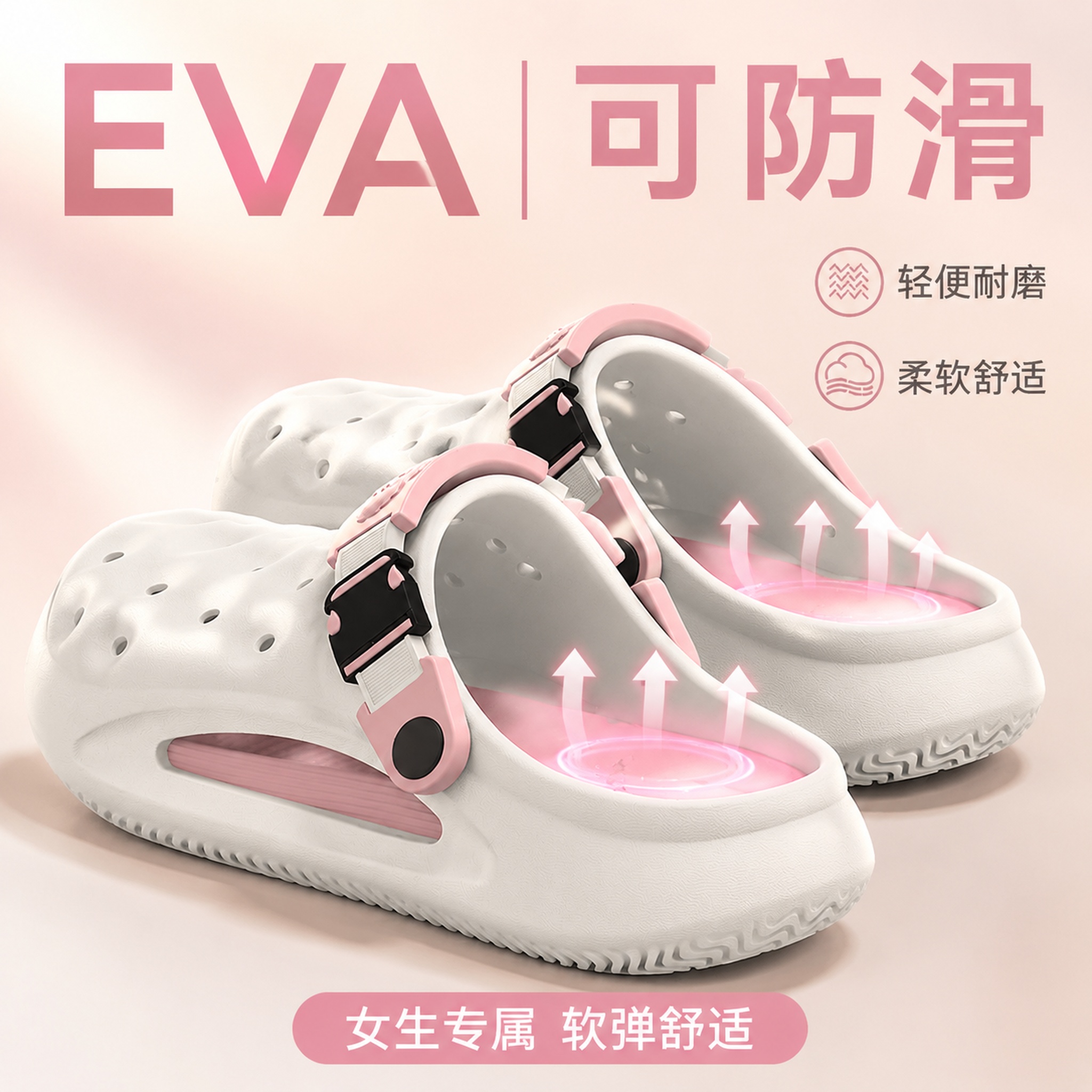 [主图-6] 白粉拼色女款洞洞鞋柔软舒适卖点图，拼多多风格。… - 图片创意预览