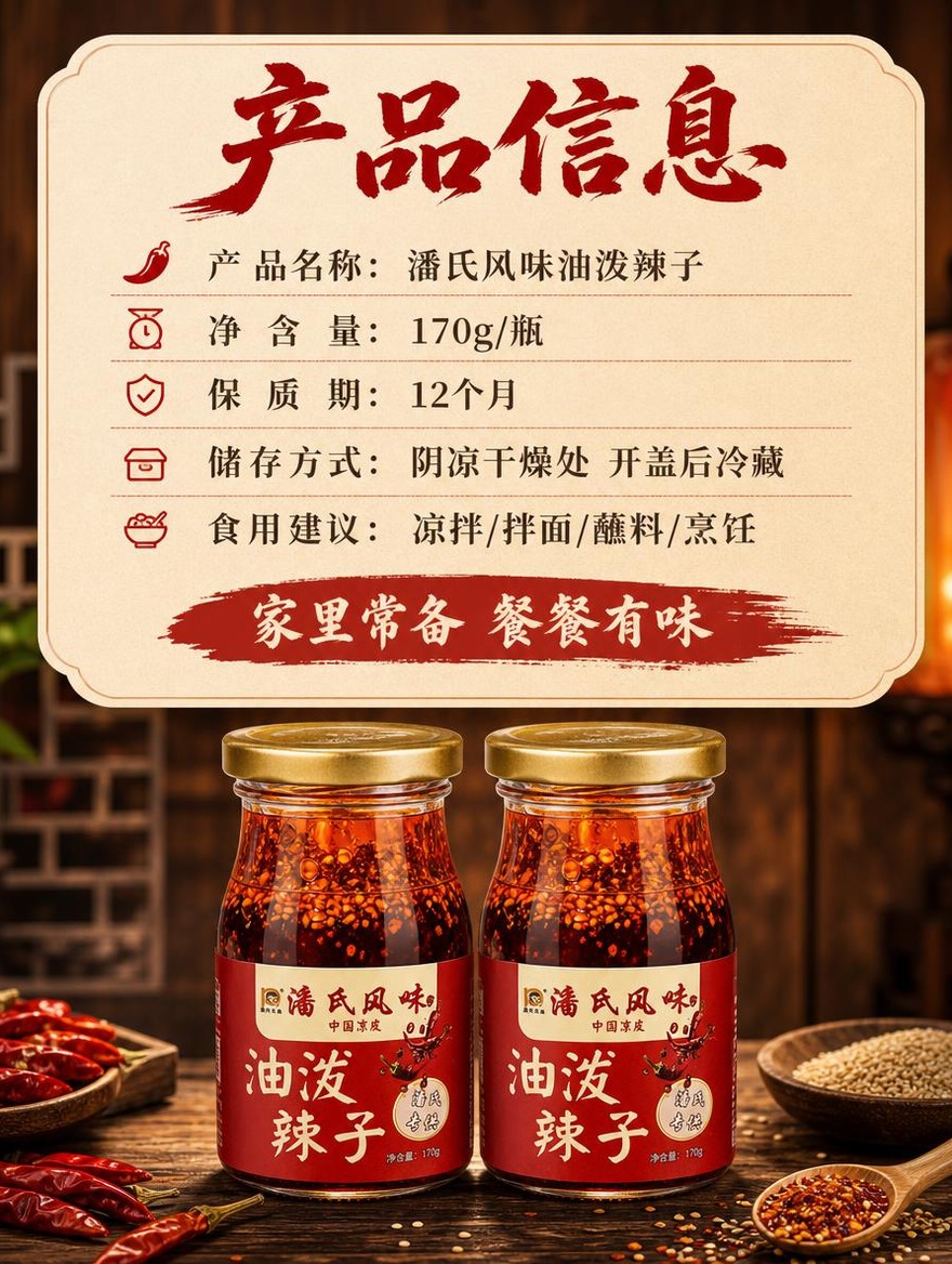 [商品] 使用【图2】潘氏风味油泼辣子玻璃瓶装；保留瓶身全部标… - 图片创意预览