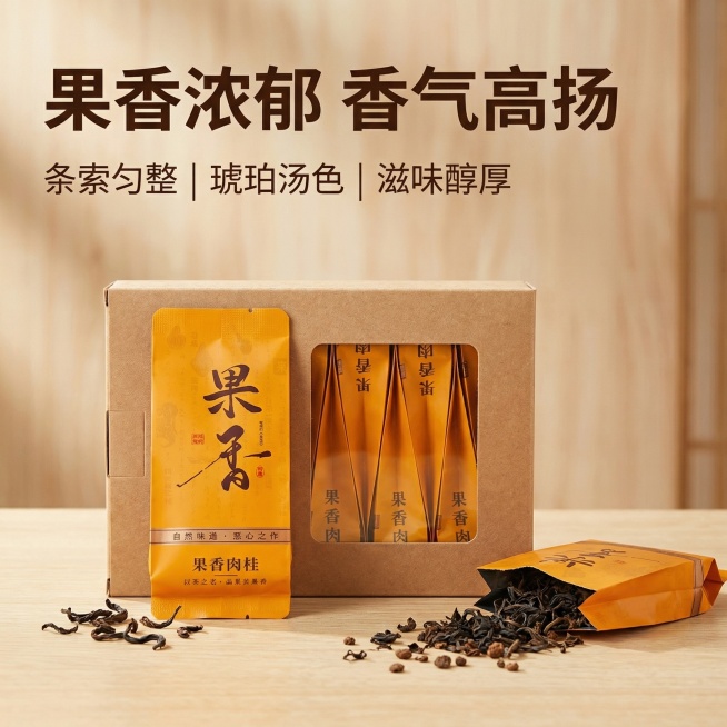 [主图 2] 
[主图主题]果香肉桂茶叶核心卖点展示
[氛围/风格]自然通透，干净专业，突出茶叶品质
[画面元素]保持原产品包装外观和设计100%不变，中心放置原产品整盒包装，旁边展示拆开的独立小泡袋预览效果