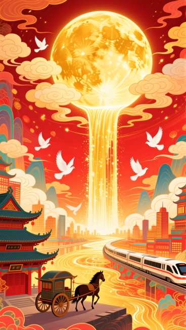 月光如金色的瀑布从圆月（占满画面2/3）上倾泻到底部的全景大地上（马车、动车分别行驶在古建筑和城市间），画面带有发光效果，白鸽飞过，整体画面充斥着华丽的金色和喜庆的红色，奇幻色彩和光影变化，具有丰富的预览效果