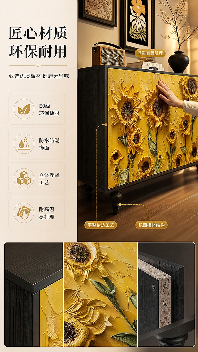 [商品] 使用【图1】梵高向日葵立体浮雕四门玄关柜；保留整体结构、颜色、浮雕图案；展示材质细节，包括柜体板材质感、浮雕表面触感、边缘做工。
[画面] 目标：材质工艺证明，建立品质信任。构图：左右分栏，左侧40%文案+材质说明，右侧60%产品材质特写。主体位置：右侧，产品占画面约50%。角度：45°侧视+局部特写拼接。景别：中景+特写组合。阅读动线：左上→右中→左下。前中后景：右侧特写区：前景手部轻触浮雕表面，中景柜门浮雕细节，后景暖光虚化；左侧信息卡层次分明。
[视觉] 套系策略：风格=中古风艺术家居商业摄影；标题字=衬线粗体（艺术感）；正文字=简洁无衬线体；主色=向日葵暖黄+哑光黑；背景延展=米杏色+暖棕色调，同色系深浅渐变；强调色=暖金色，仅用于小面积图标、引线和标签；标题色=哑光黑；正文色=深暖灰；组件=圆角浅底信息卡、细线引线、图标+文字组合；光影=左前侧暖柔光，侧光突出材质纹理。
[文字] 左侧主标题「匠心材质 环保耐用」（8字），副标题「甄选优质板材 健康无异味」（12字）。下方4个材质卖点图标+文字：「E0级环保板材」「防水防潮饰面」「立体浮雕工艺」「耐高温易打理」。右侧特写配引线标注：「浮雕表面肌理」「平整封边工艺」「稳固柜体结构」。
[规格] 图片比例9:16竖版，4K分辨率，负向提示：避免变形、错字、文字过小、材质失真、颜色偏差、冷色调。