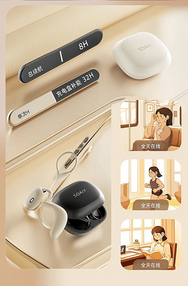左侧是横向电量进度条（主条显示 “总续航 40H”，分段标注 “单次 8H”“充电仓补能 32H”）；右侧分 3 个小场景：通勤族戴耳机上班（8H）、运动者戴耳机健身（2H）、学生戴耳机自习（5H），场景图叠加 “全天在线” 字样；背景用浅暖金纹理，进度条用产品同款米白 + 深灰配色，整体风格为简约轻奢+暖金质感，参考索爱OWS开放式耳机