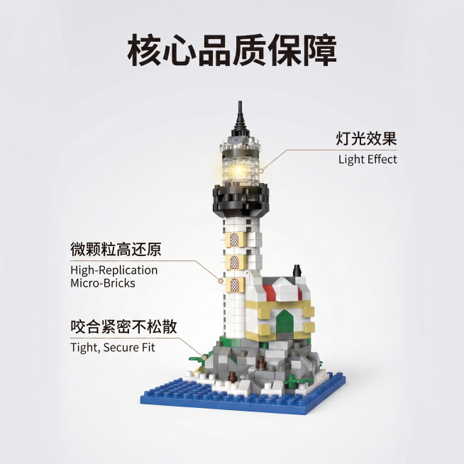 [主图 2] 灯塔积木核心亮点拆分展示。[氛围风格] 氛围感场景风，专业质感；[画质] 商业摄影质感、光线柔和通透、产品清晰真实、画面干净高级。[元素] 主体为拼好的灯塔积木成品，围绕主体用引线标注各预览效果