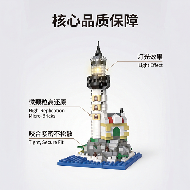 [主图 2] 灯塔积木核心亮点拆分展示。[氛围风格] 氛围感场景风，专业质感；[画质] 商业摄影质感、光线柔和通透、产品清晰真实、画面干净高级。[元素] 主体为拼好的灯塔积木成品，围绕主体用引线标注各核心卖点部位：顶部灯光区、微颗粒拼接处、咬合结构处。保持灯塔积木外观（即物理结构、材质质感、颜色）与输入产品图绝对一致，杜绝任何变形和色差，精细化处理。商品主体占比 60% 左右，大图满铺干净背景，整体简洁高级。[光影] 均匀柔和棚拍光影，主体明亮清晰，突出细节特征。[配色] 简约浅灰渐变背景，突出产品本身色彩。[视角构图] 平视居中，主体突出，焦点清晰。[文字版式] 极细引线连接对应部位，每个引线末端标注卖点：「灯光效果」「微颗粒高还原」「咬合紧密不松散」，文字大小适中，清晰易读，不遮挡主体。顶部主标题「核心品质保障」粗体醒目。[比例分辨率] 1:1 比例，2k 分辨率；文字清晰锐利，画面超高清。[负向提示词] 变形，水印，文字错乱，产品图模糊，背景杂乱，遮挡主体