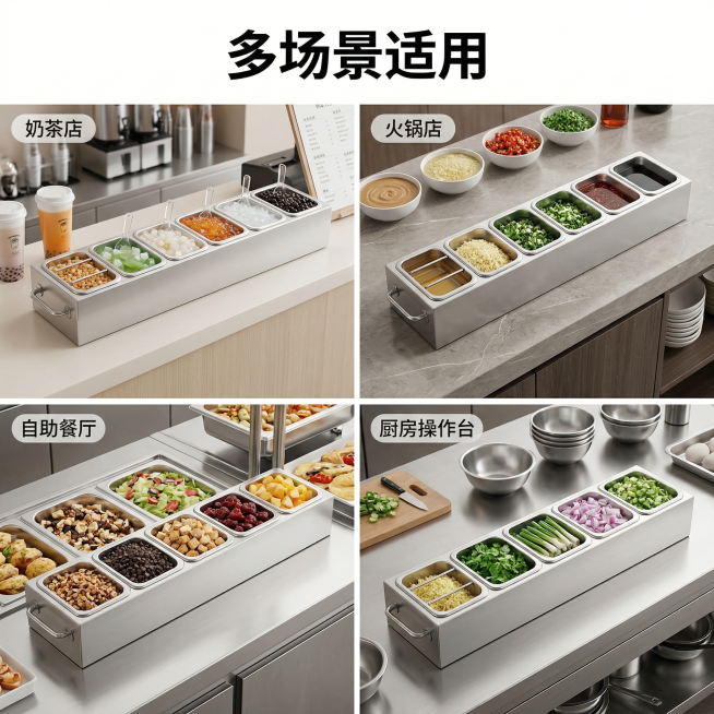 基于原图产品，保留产品结构和侧面把手完整，制作四宫格场景展示，分别展示产品放置在奶茶店吧台放小料、火锅店放调料、自助餐厅放配料、厨房操作台放食材四个场景，每个场景占据一个宫格，整体光影统一干净明亮，顶预览效果