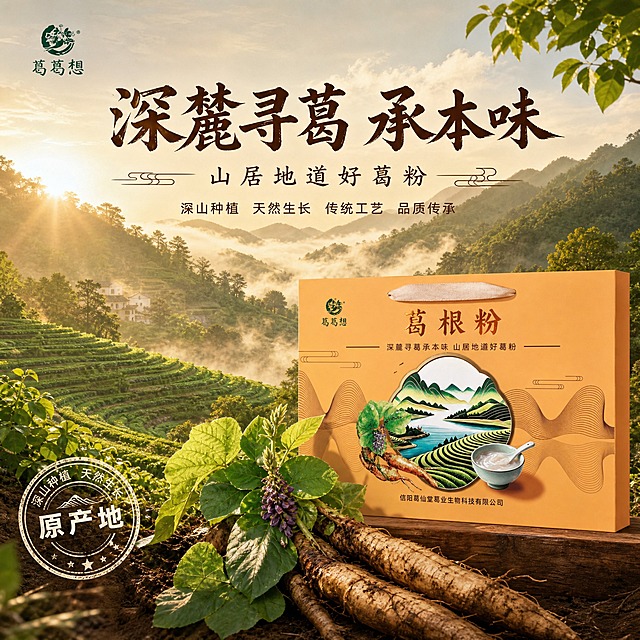 [主图2] 产地溯源主题，强调深麓寻葛与天然原料产地。
[统一基调] 国风暖橙调商业摄影风格；背景主色=青绿山水+云雾山居；标题字色=深棕色书法体；辅助字色=暖褐色；强调色=青绿山水色；字体=粗笔书法标题+简洁黑体正文；组件=国风云纹、山水线条、圆形印章标签；光影=自然暖阳逆光，山间晨雾氛围感。
[画面] 画面左侧为连绵青山与葛根种植梯田场景，山间云雾缭绕，晨光穿透树林。右侧放置葛根粉礼盒，礼盒旁摆放新鲜葛根植物与绿叶。产品占画面45%，产地场景占画面55%。体现原料来自深山、天然生长的产地优势。
[光影质感] 山间晨光逆光效果，雾气朦胧氛围感，礼盒表面有柔和自然光，葛根植物叶片纹理清晰，整体通透自然。
[配色] 青绿山水主背景+暖橙产品+深棕文字，自然和谐。
[文字版式] 上方主标题"深麓寻葛 承本味"书法大字，副标题"山居地道好葛粉"，下方文字：深山种植 天然生长 传统工艺 品质传承。左下角圆形印章"原产地"。文字放在天空留白处，不遮挡主体。
[输出要求] 1:1正方形，2K分辨率，文字清晰，产品包装保持原貌，禁止变形、错字、模糊、人工痕迹过重、水印。