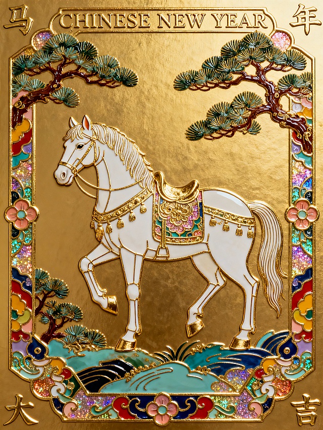 鎏金浮雕风中式贺岁图，工笔描边勾勒骏马祥瑞，重拟物质感结合金属光泽，松柏云纹环绕，尽显奢华喜庆，恭贺马年大吉。