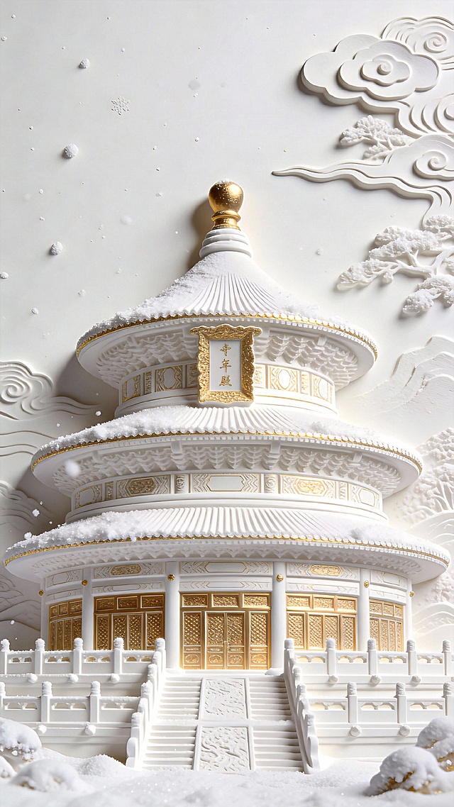 中式古典建筑微缩浮雕，雪覆金檐，鎏金细节，3D梦幻静谧之美，尽显奢华与优雅。