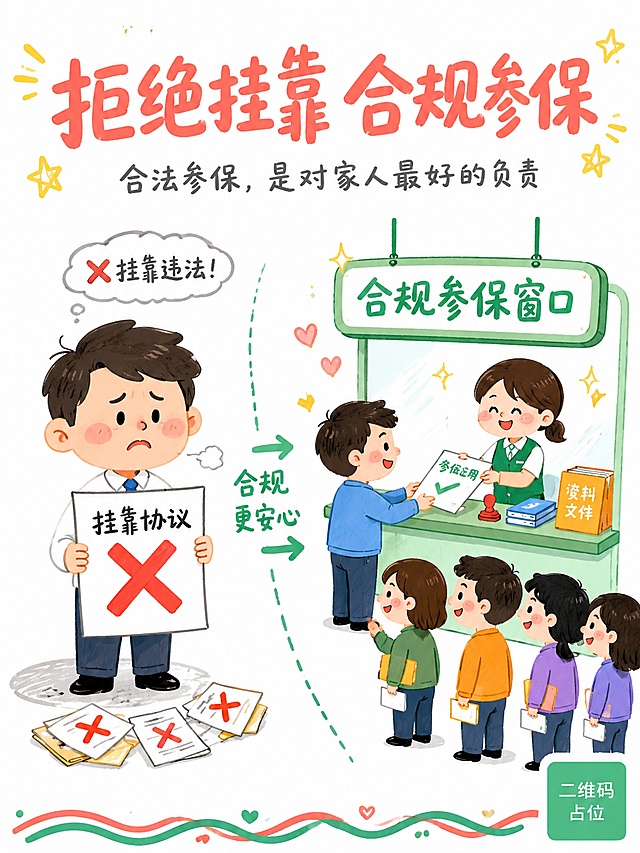小红书保险科普海报封面，手绘马克笔涂鸦风格，Q版圆润可爱，纯净白底无背景纹理，3:4竖版，超高清手绘质感。

【顶部标题区】
顶部大字标题（珊瑚红#E8655A手绘字体）："拒绝挂靠 合规参保"
标题下方一行小字（深灰色手写字）："合法参保，是对家人最好的负责"
标题周围有几颗小金色星星装饰

【左侧区域·拒绝挂靠 占40%】
居中一个年轻职场男性角色（大头Q版，1.5头身比例），圆润可爱风格
表情：无奈叹气，眉头微皱，头顶冒出一个小灰色气泡写着"❌挂靠违法！"
手里拿着一张大大的A4纸，纸上画着粗体红色叉号和"挂靠协议"四个字（手绘字体）
脚下有一小堆文件散落，上面画着"❌❌❌"
背景：纯白底，左下角有一小片浅灰色阴影块

【右侧区域·合规参保 占60%】
画面右侧有一个服务窗口摊位，上方悬挂醒目标牌"合规参保窗口"（手绘字体，青绿色#4CAF50）
窗口台面上整齐摆放着小册子、印章、文件夹（简笔涂鸦风格）
窗口前排着整齐队列：3-4个简笔小人物（蓝、绿、橙、紫不同颜色衣服），脸上挂着开心满意的笑脸😊
最前面的人正在窗口开心地接过一份文件
窗口上方飘出几个小金色星星✨和小爱心♡

【中间过渡】
左右分区用一道手绘虚线和小箭头符号连接
箭头旁边写着"→ 合规更安心"

【底部装饰】
底部有手绘波浪线装饰条（青绿+珊瑚红双色）

【配色】
强调色：珊瑚红#E8655A（用于拒绝/叉号/警示元素）
正向色：青绿色#4CAF50（用于合规窗口/箭头/正面引导）
辅助色：明黄色#FFD166（用于星星/高亮/小装饰）
人物服色：多彩（蓝、绿、橙、紫的Q版小人）
底色：纯净白

【装饰元素】
手绘小星星✨、小爱心♡、小箭头→
标题周围有几颗小金色星

【禁止项】
禁止任何真实人物照片
禁止过于写实的场景
禁止暗色调压抑感
禁止英文文字

版式精美，画面中所有文字必须清晰可读，所有数字精确渲染不得错位。画面中所有二维码区域使用纯色方块占位符呈现，方块中央标注"二维码占位"文字，严禁生成任何可识别的二维码图案。画面中所有信息区域必须填充完整合理的内容，不得出现空白框、空白占位、横线待填写区域。