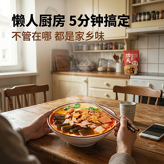 [垫图] https://gdesign-dam-hz.dancf.com/35946198220391548/17b82cdb4eb64e398d1ebbd494dd8d8b.jpg
[主图主题] 粉痴绵阳米粉懒人速食场景
[氛围/风格] 生活化日常烟火风，温馨食欲感
[画面元素] 第一人称视角，一个人在家厨房的餐桌上，一碗刚煮好的绵阳米粉放在面前，水雾热气袅袅升起，配料丰富，红油色泽诱人，手机放在旁边，背景是干净的复古厨房，真实自然生活化场景，捕捉享受美食的瞬间
[配色色系] 主色调：暖棕红；辅助色：米白墙面，木色餐桌
[视角构图] 第一人称平视拍摄，景深自然，主体突出
[文字版式] 顶部标题 "懒人厨房 5分钟搞定"，黑色粗体字，副标题 "不管在哪 都是家乡味"，棕色小字，文字悬浮在画面左上角，不遮挡主体美食，整体构图自然通透
[比例分辨率] 2k分辨率
