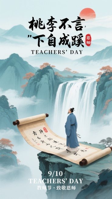 中国古风意境教师节海报，淡青色为底，山水瀑布、云雾缭绕，空灵雅致氛围，点缀赭石、花青。上中下层次构图，上部远山云雾与红日，中部青山、瀑布、悬崖上展开的卷轴，卷轴上有毛笔书法文字和红色印章，一位穿蓝色长预览效果