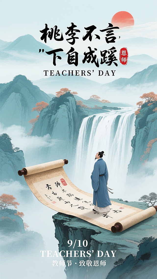 水墨风插画，古典山水背景，文人立于卷轴之上，教师节主题，尽显中式文艺韵味。