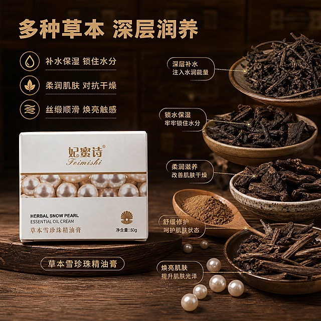 [主图-2] 核心功效与成分解析，突出多种草本萃取的补水保湿柔肤功效，中药草本风格信息图。
[统一基调] 整体中药草本风格，深棕褐色系为主色调，搭配米白与暗金色点缀，营造传统药铺与草本养肤的专业氛围；主标题用深棕色粗体非衬线字体，辅助文字用米白色细体非衬线字体，强调色为暗金色；画面质感为高级商业静物摄影，柔和自然光。
[画面] 画面左侧放置50g正装产品包装盒，占画面约35%，正面朝向观众，保持原图外观。右侧及上方区域展示多种晒干后呈深褐黑色的草本药材原料（干草药、干枯植物根茎、药草叶片），用精致的陶瓷药碗、木勺盛放，旁边有研磨的草本粉末，散落几颗珍珠。用细暗金色引线从草本原料指向产品，标注对应功效。画面底部有深棕色木质纹理台面。背景为暖棕色渐变，隐约可见中药抽屉纹理。
[光影质感] 柔和顶光与侧光结合，药材与产品都有自然阴影，陶瓷碗有高光反射，草本干料纹理清晰可见，整体温暖专业的中药房质感。
[配色] 主色深棕褐色，草本药材为深褐黑色（晒干中药色），辅助色米白、暗金、珍珠白，背景暖棕色渐变。
[文字版式] 上方主标题大字"多种草本 深层润养"，下方分三行功效短句："补水保湿 锁住水分"、"柔润肌肤 对抗干燥"、"丝缎顺滑 焕亮触感"，每行配一个小图标（水滴/叶片/丝绸）；产品旁标注"草本雪珍珠精油膏"；所有文字清晰，不遮挡产品主体。
[输出要求] 比例1:1，2048x2048，产品清晰不变形，草本药材为晒干后偏黑的中药颜色，文字清晰可读，无水印无平台Logo，无生产厂家信息，不出现具体草本种类和数量。