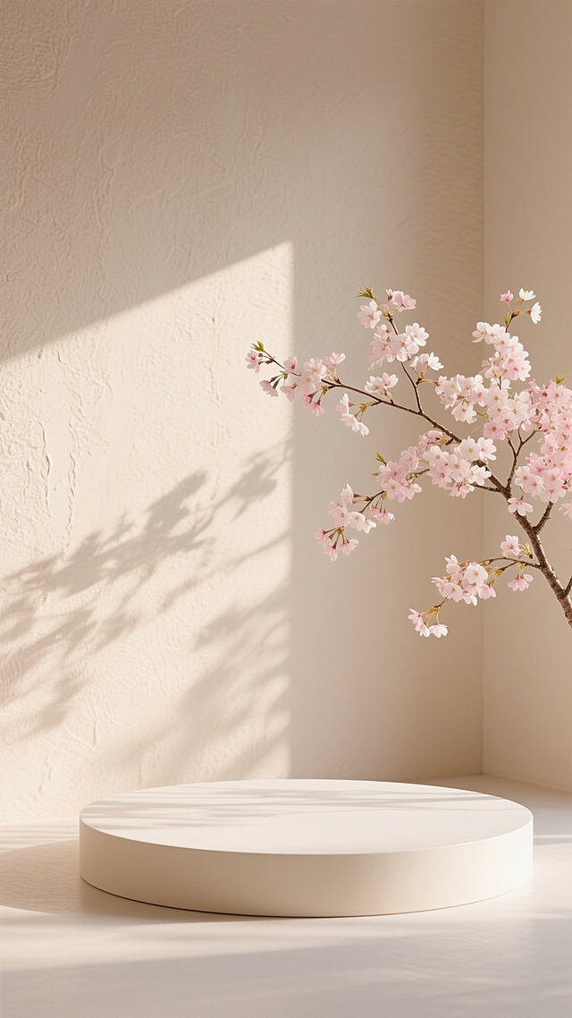 温馨雅致的展台背景，整体呈现柔和的米杏色调，墙面带有细腻的肌理质感，午后温暖的阳光从画面左侧斜射而入，在墙面上投下清晰的植物枝叶阴影，右侧有一枝盛开的浅粉色与白色相间的樱花枝条自然垂落，枝干纤细，花朵小巧精致，底部是一个米白色的圆形展台台面，光影层次丰富，营造出宁静、自然、温馨的氛围，光线柔和不刺眼，整体构图简洁大方，留白恰到好处，具有高级的简约设计感。