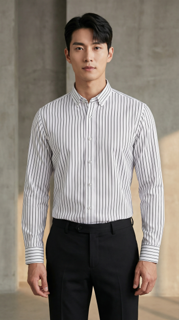 帮我生成一张一个身材较好的男模特穿上这件衬衫展示的全身模特图，模特要是偏韩风的亚洲人，图片中要展示衬衫的正面，袖子不要挽起来，下半身穿黑色的西装裤预览效果