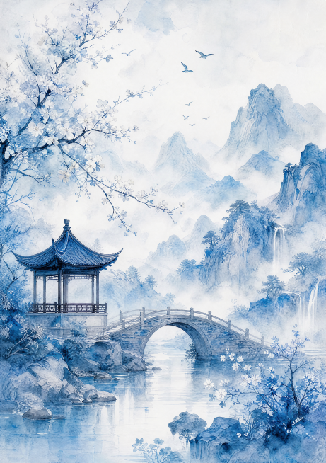 生成一幅完整的竖版蓝白国风古风水墨画，保留原封面中的亭子、小桥、山水、开花树木和飞鸟元素，去除所有文字内容，保持淡雅清新的水彩水墨风格，构图完整协调，尺寸为A4竖版预览效果